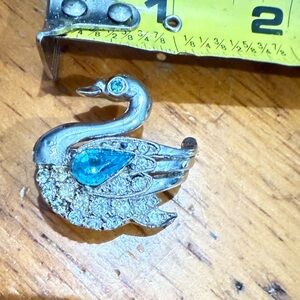 Vintage Silver Swan Pin Blue and Clear Rhinestones
